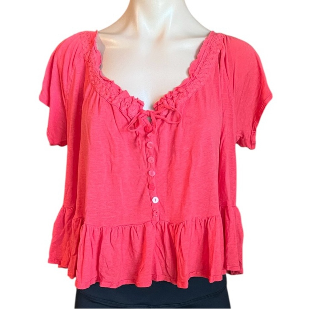 Free People Charlie Tie Ruffled Peplum Red Soft Tee Blouse